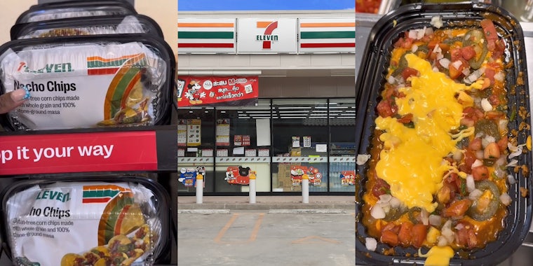 7-11 nacho chips (l) 7-11 store with sign (c) nacho toppings in black container (r)
