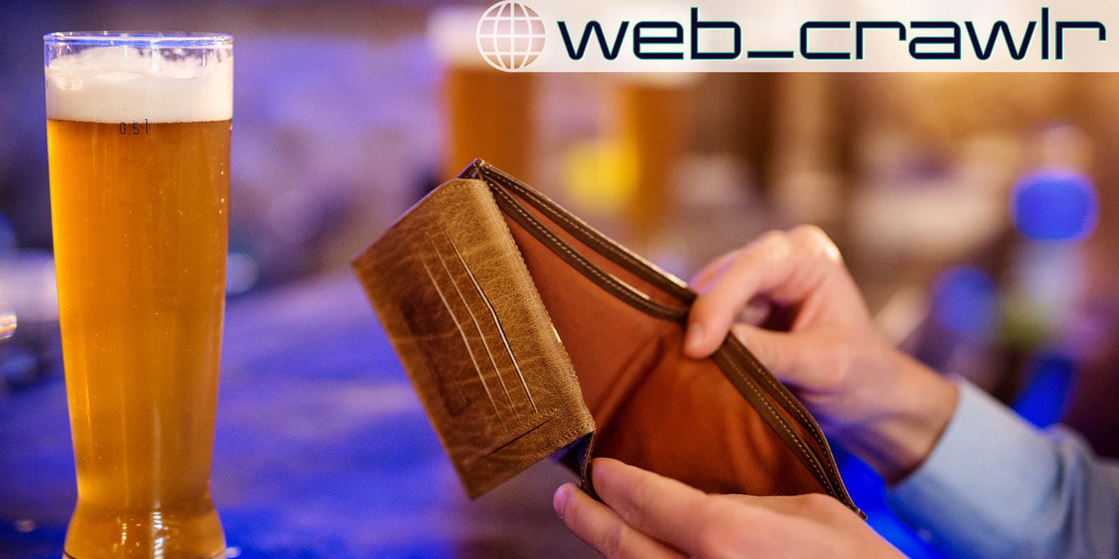 A beer glass next to a person with an empty wallet. The Daily Dot newsletter web_crawlr logo is in the top right corner.