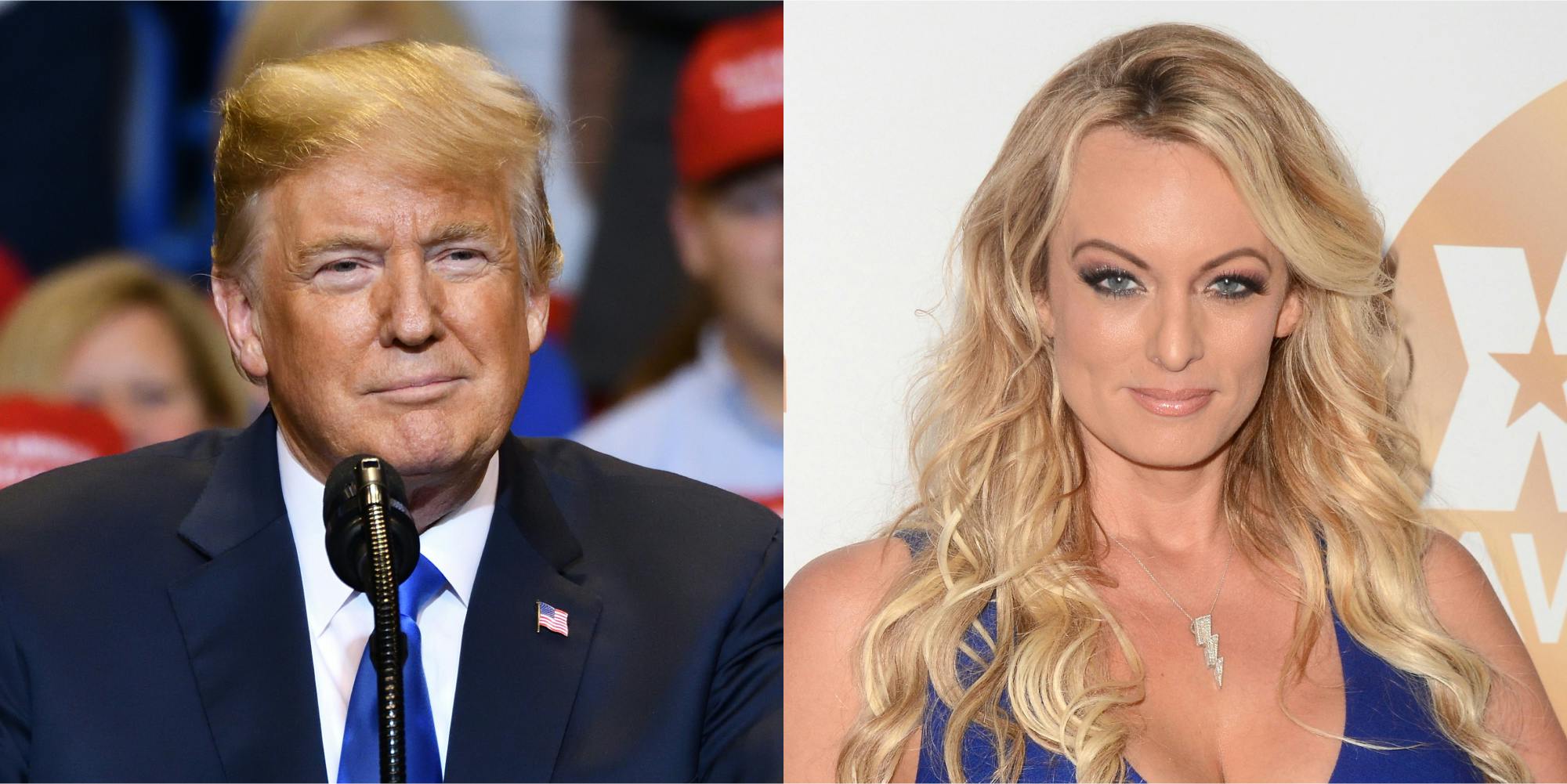 Donald Trump with microphone in front of crowd (l) Stormy Daniels in front of white and peach background (r)