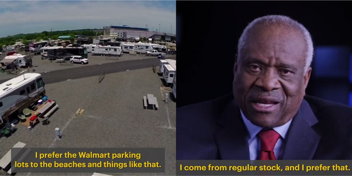 RV park with caption 'I prefer the Walmart parking lots to the beaches and things like that.' (l) Clarence Thomas speaking in front of black background with caption 'I come from regular stock, and I prefer that.' (r)