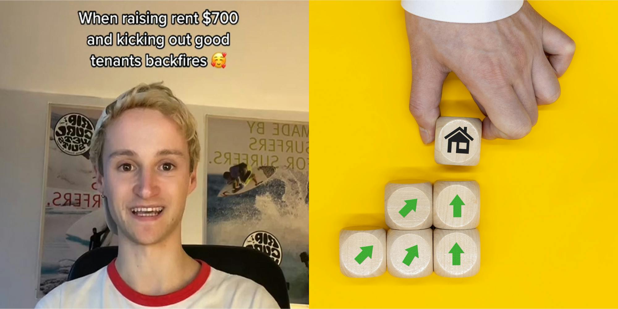 person speaking in front of posters and white wall with caption "When raising rent $700 and kicking out good tenants backfires" (l) hand with house block above green arrow wooden blocks on yellow background rent increase concept (r)