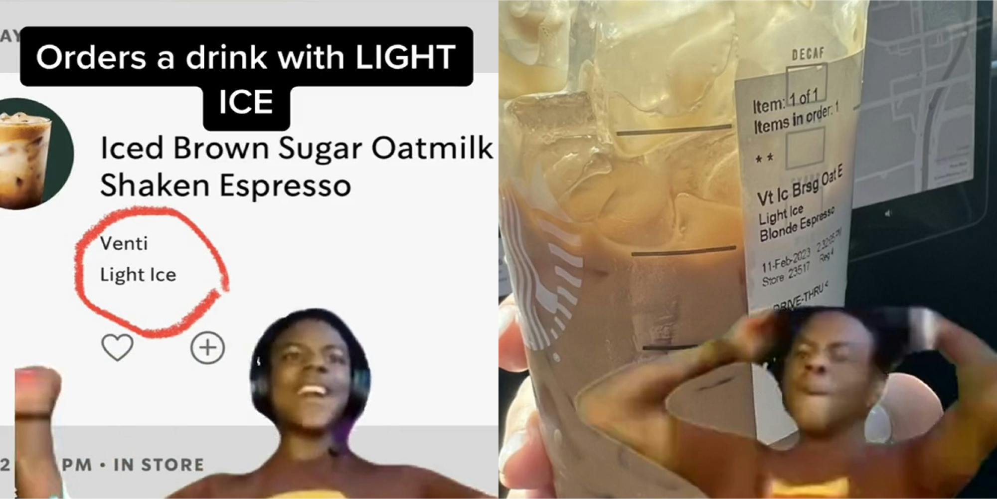 IShowSpeed greenscreen meme over Starbucks order with Light Ice circled red with caption "Orders a drink with LIGHT ICE" (l) IShowSpeed greenscreen meme mad over image of coffee with lots of ice (r)