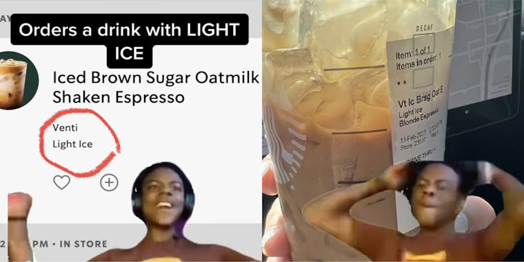 IShowSpeed greenscreen meme over Starbucks order with Light Ice circled red with caption 'Orders a drink with LIGHT ICE' (l) IShowSpeed greenscreen meme mad over image of coffee with lots of ice (r)