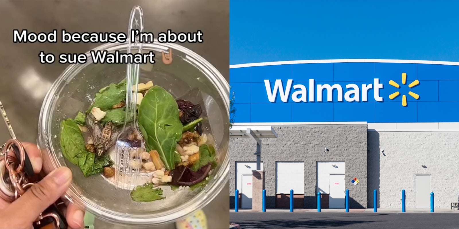 Walmart customer holding salad with moth with caption 'Mood because I'm about to sue Walmart' (l) Walmart building with sign and blue sky (r)