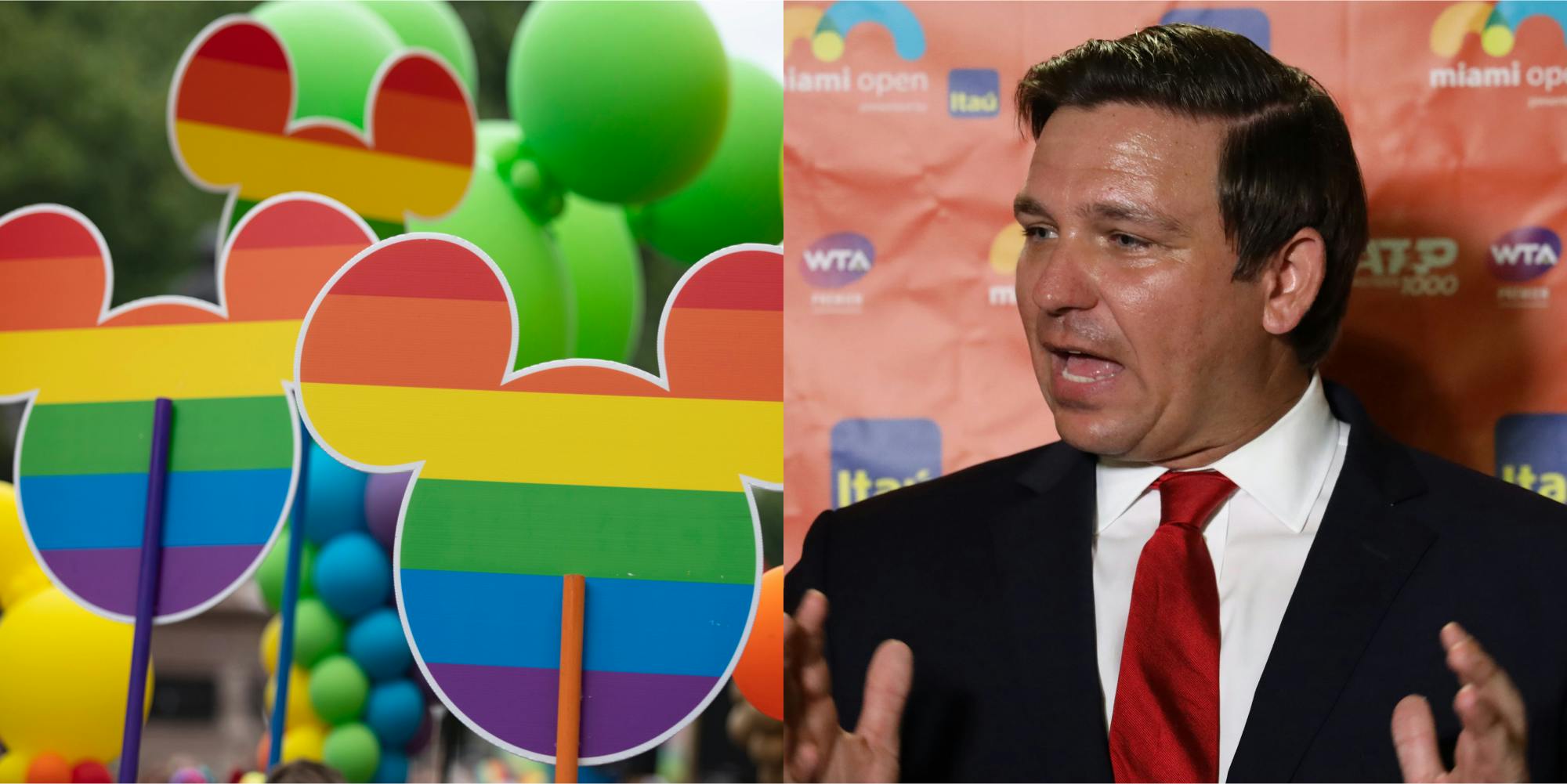 Disney Mickey Mouse head shapes with pride colors outside (l) Ron DeSantis speaking looking left (r)