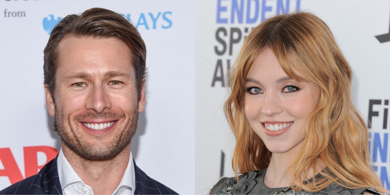 Glen Powell smiling in front of white background (l) Sydney Sweeney smiling in front of white background (r)