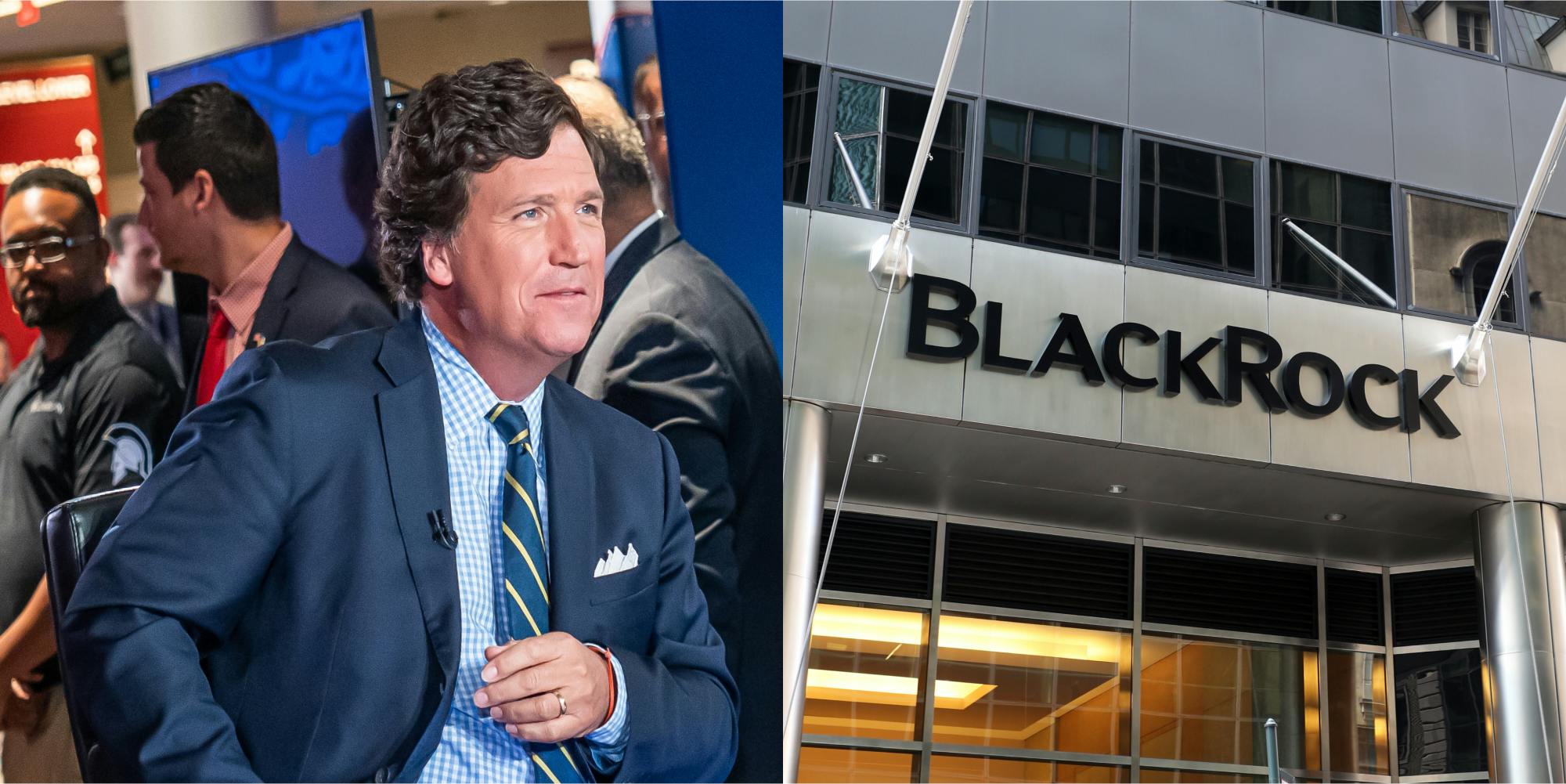 Tucker Carlson in chair (l) BlackRock sign on building entrance (r)