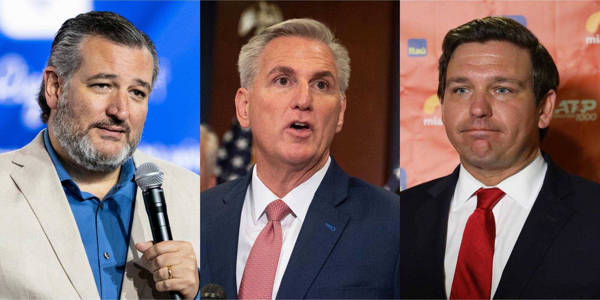 Ted Cruz speaking into microphone in front of blue background (l) Kevin McCarthy speaking in front of brown background (c) Ron DeSantis in front of orange background (r)