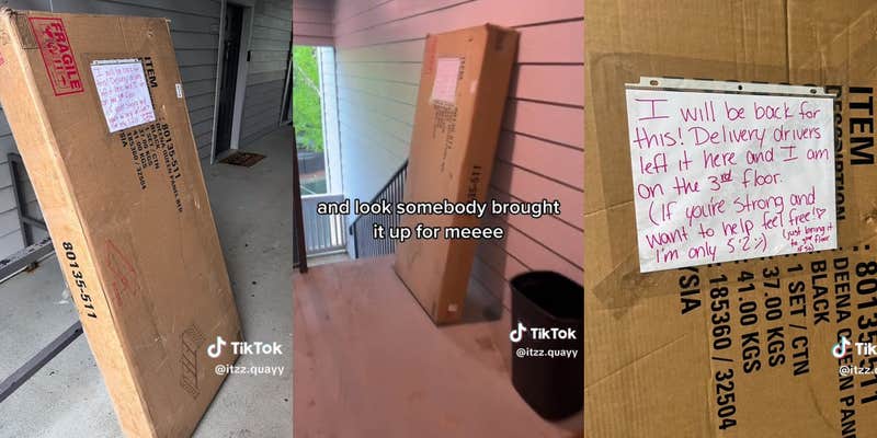Delivery driver leaves woman's bed on first floor when she's on the third. She ends up enlisting neighbor's help