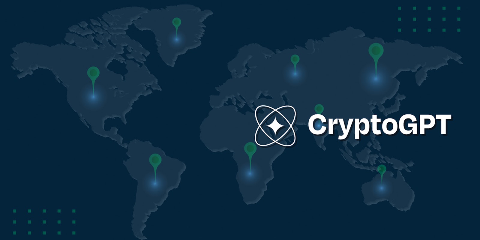 CryptoGPT logo on world map on blue background