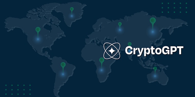 CryptoGPT logo on world map on blue background