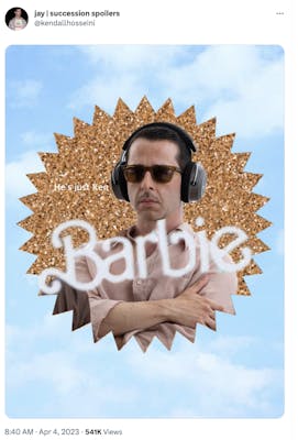 kendall roy with headphones on looking sad in a Barbie logo meme