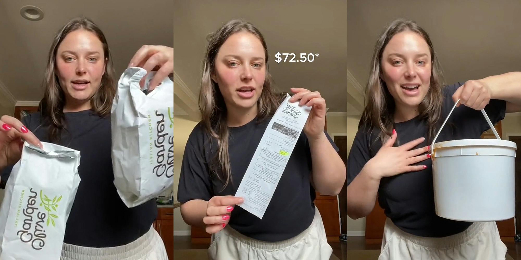 Olive Garden customer speaking in front of tan wall holding Olive Garden breadsticks in bag (l) Olive Garden customer speaking in front of tan wall holding receipt with caption "$72.50" (c) Olive Garden customer speaking in front of tan wall holding bucket of soup (r)