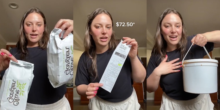Olive Garden customer speaking in front of tan wall holding Olive Garden breadsticks in bag (l) Olive Garden customer speaking in front of tan wall holding receipt with caption '$72.50' (c) Olive Garden customer speaking in front of tan wall holding bucket of soup (r)