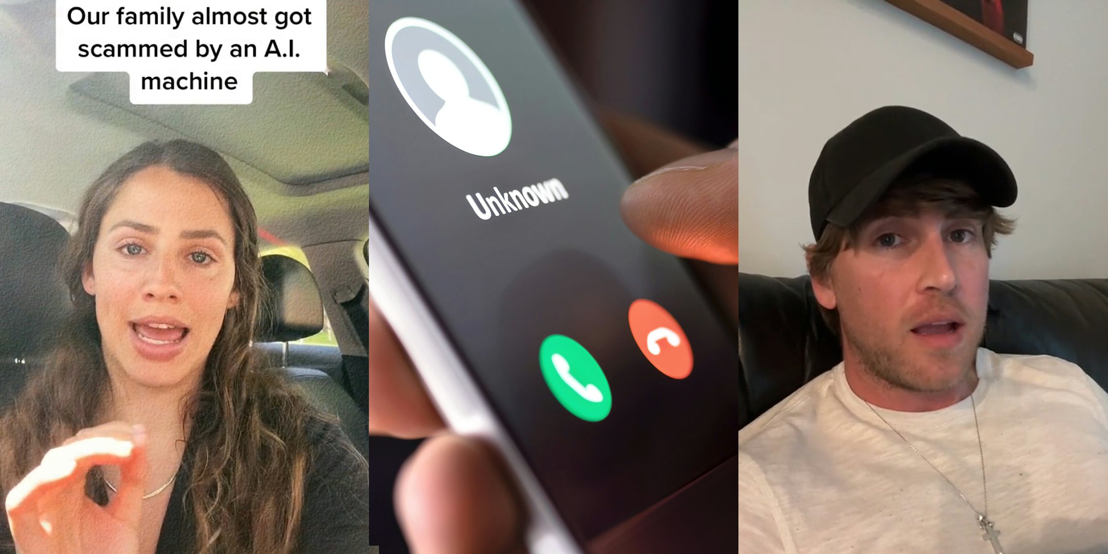 person speaking in car with caption 'Our family almost got scammed by an A.I. machine' (l) hand holding phone with unknown caller on screen (c) person speaking on couch (r)