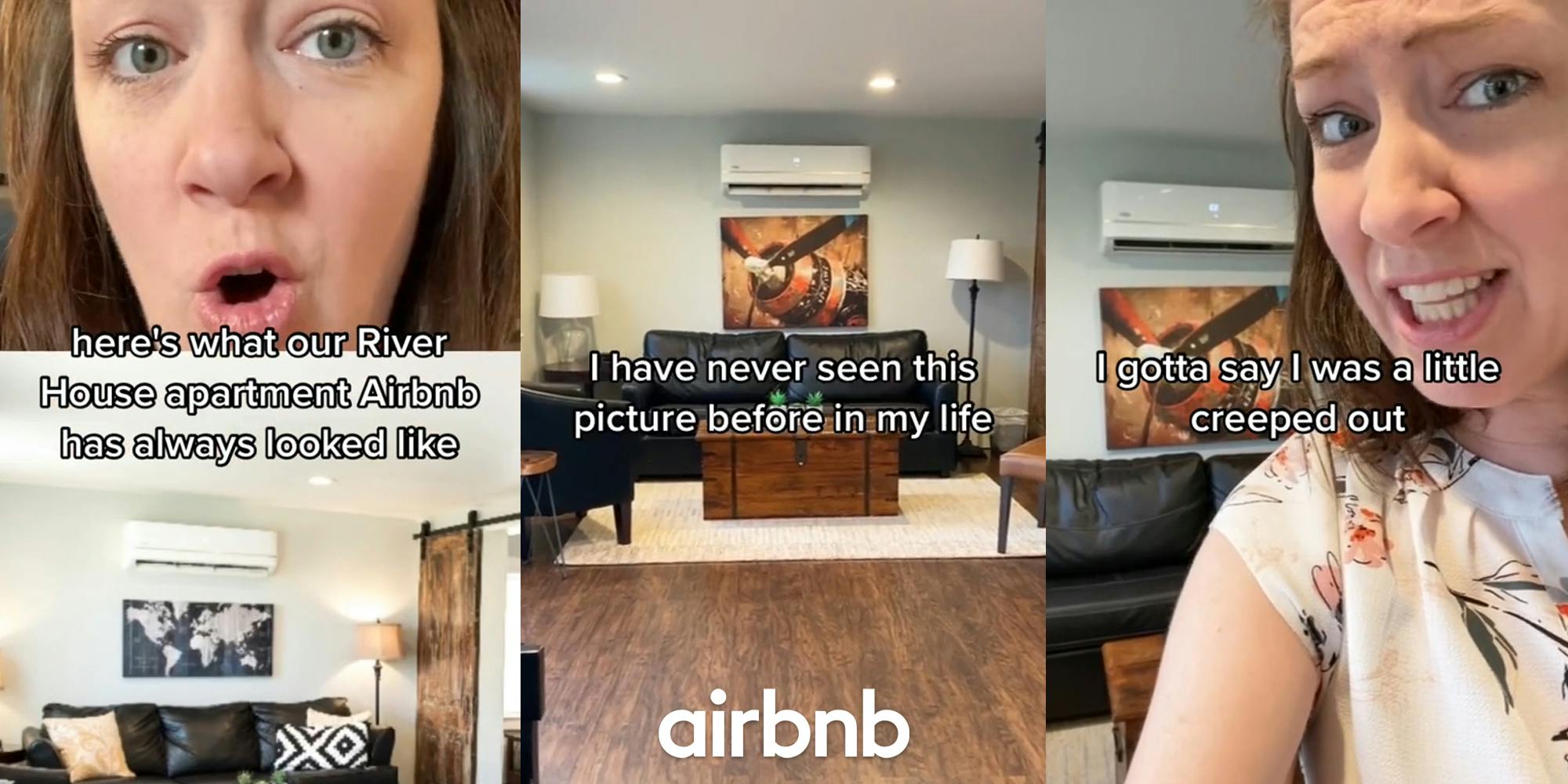 Airbnb host speaking with image of painting on wall with caption "here's what our River House apartment Airbnb has always looked like" (l) room with different painting on wall with caption "I have never seen this picture before in my life" with Airbnb logo at bottom c) Airbnb host speaking with caption "I gotta say I was a little creeped out" (r)