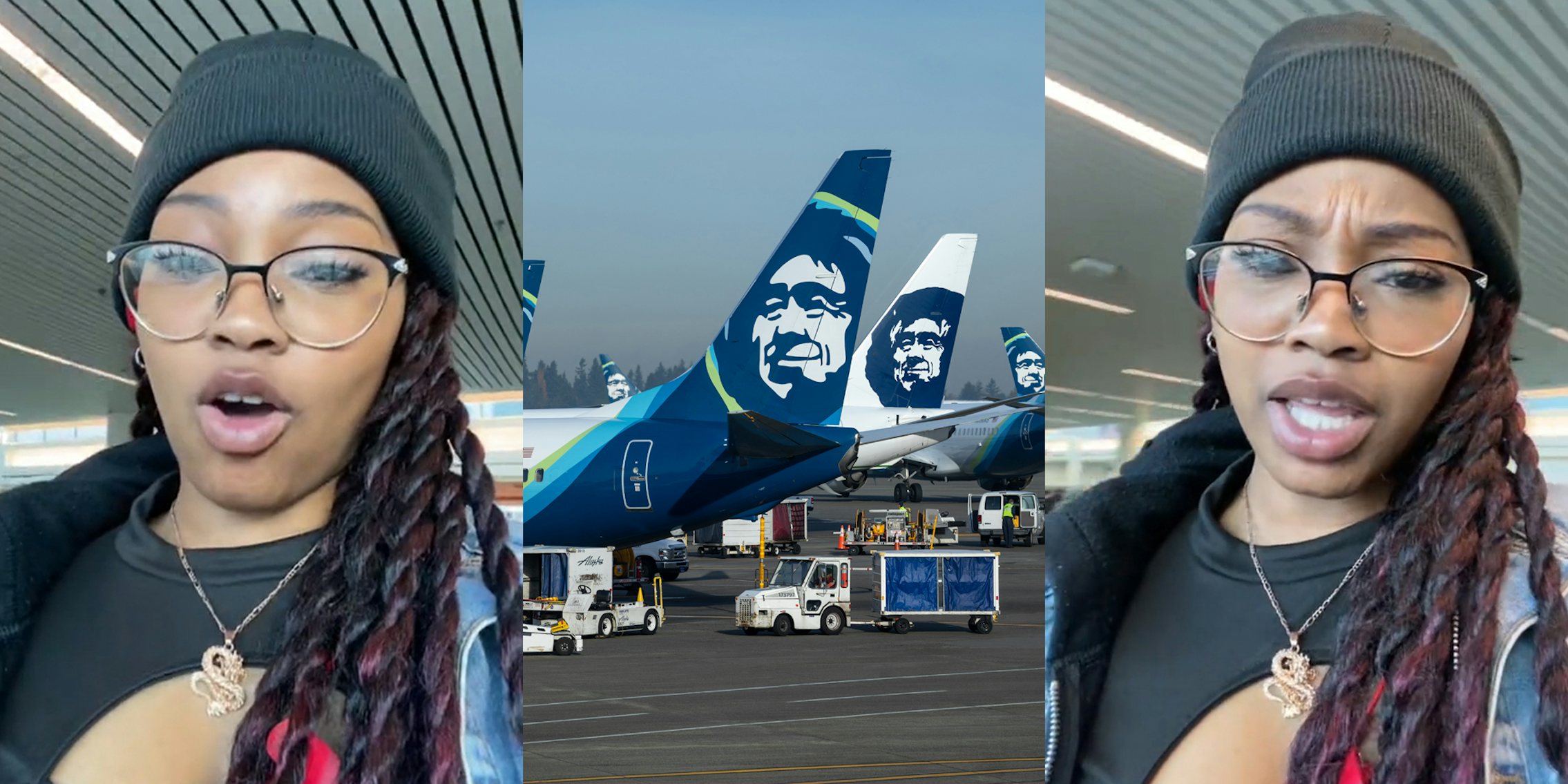 Alaska Airlines customer speaking (l) Alaska Airlines planes with decals on ends (c) Alaska Airlines customer speaking (r)