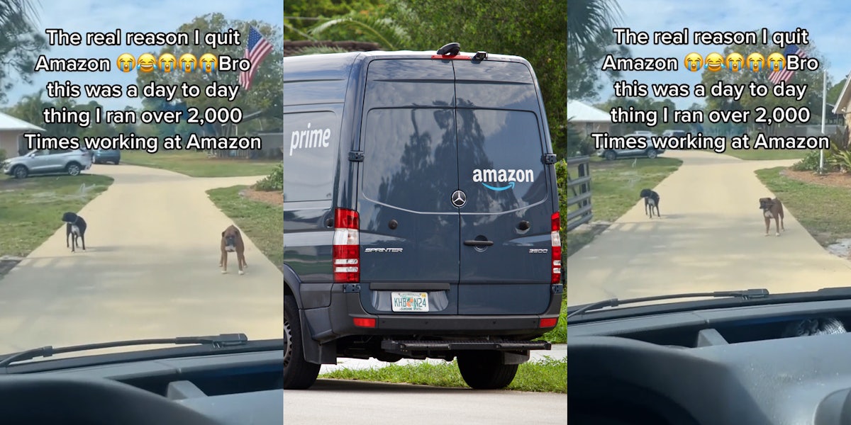 Amazon driver view from windshield with caption 'The real reason I quit Amazon Bro this was a day to day thing I ran over 2,000 Times working at Amazon'(l) Amazon truck in neighborhood (c) Amazon driver view from windshield with caption 'The real reason I quit Amazon Bro this was a day to day thing I ran over 2,000 Times working at Amazon' (r)
