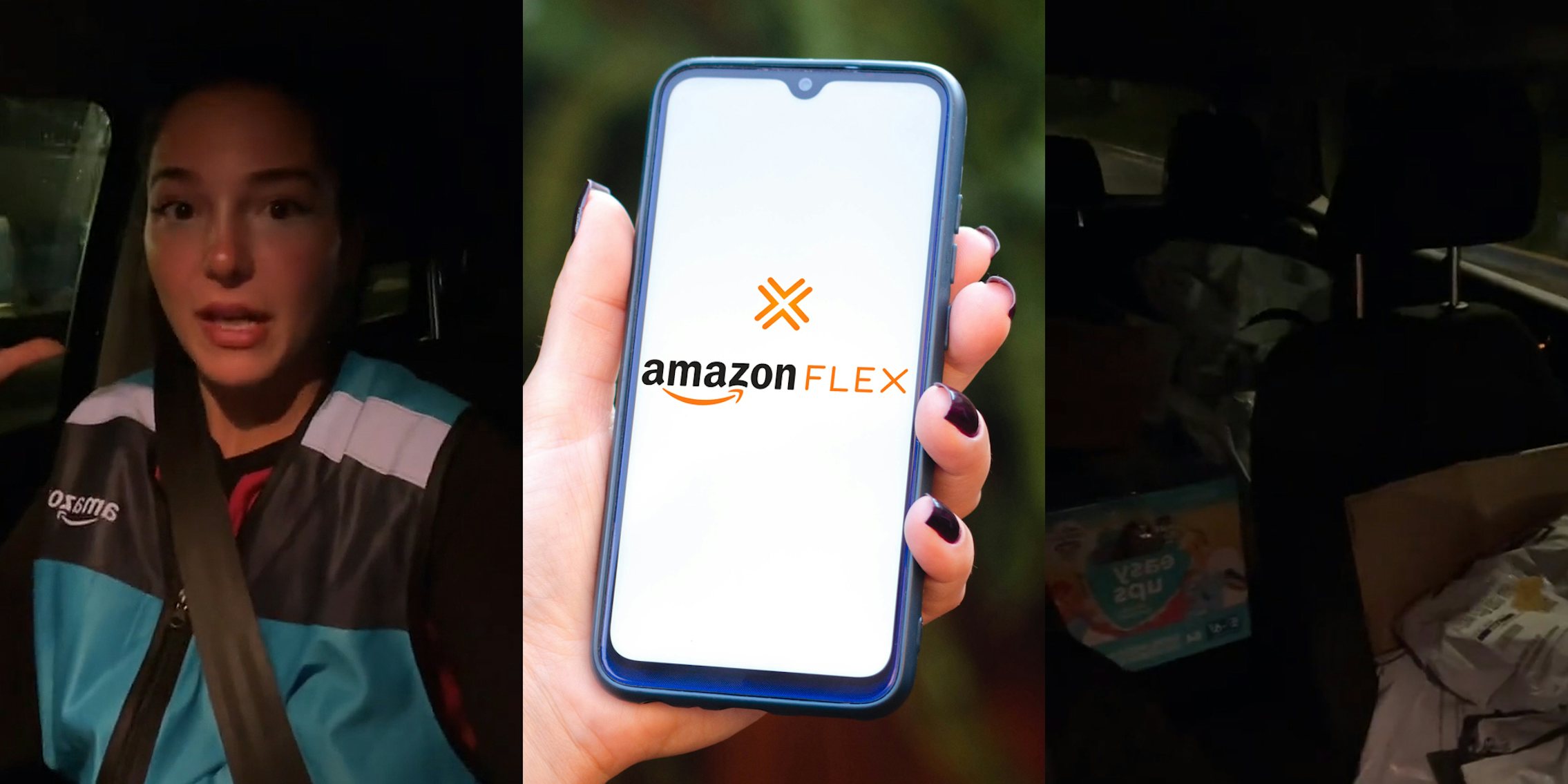 Amazon Flex worker speaking in car (l) Amazon Flex on phone screen in hand (c) car full of packages (r)