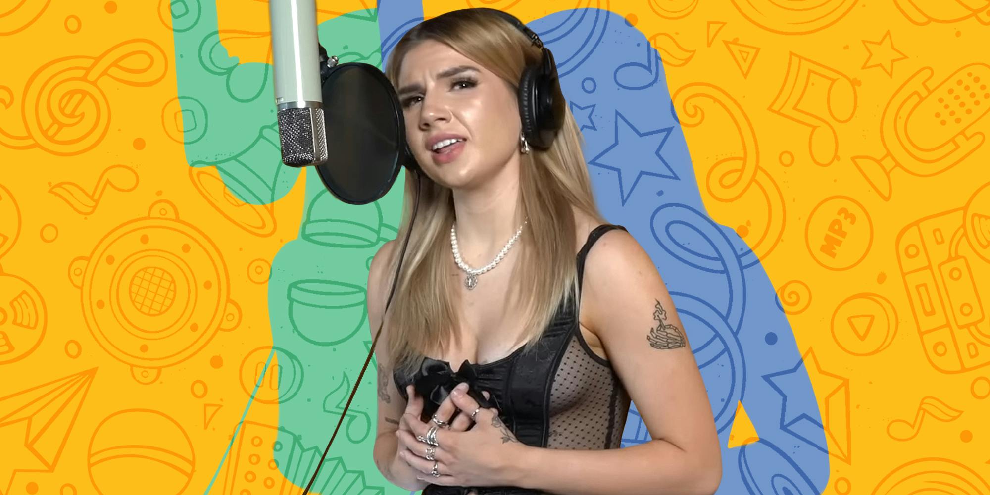 Bailey Spinn singing into microphone in front of yellow musical background Passionfruit Remix