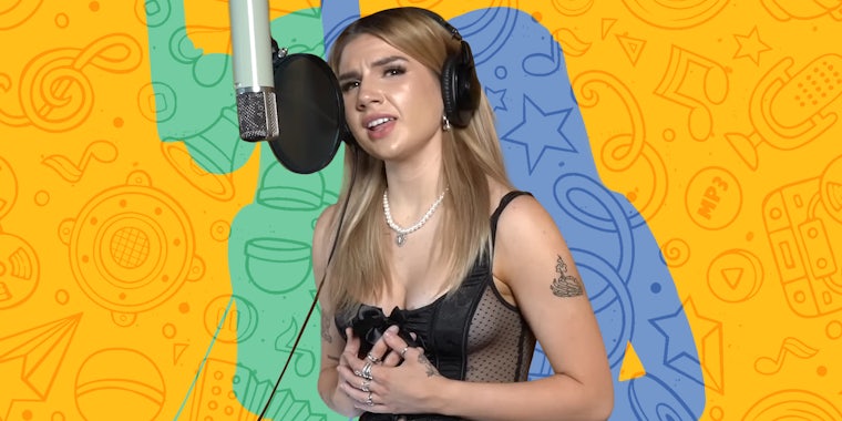 Bailey Spinn singing into microphone in front of yellow musical background Passionfruit Remix