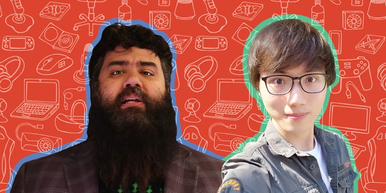 The Completionist and boxbox in front of red gaming background Passionfruit Remix