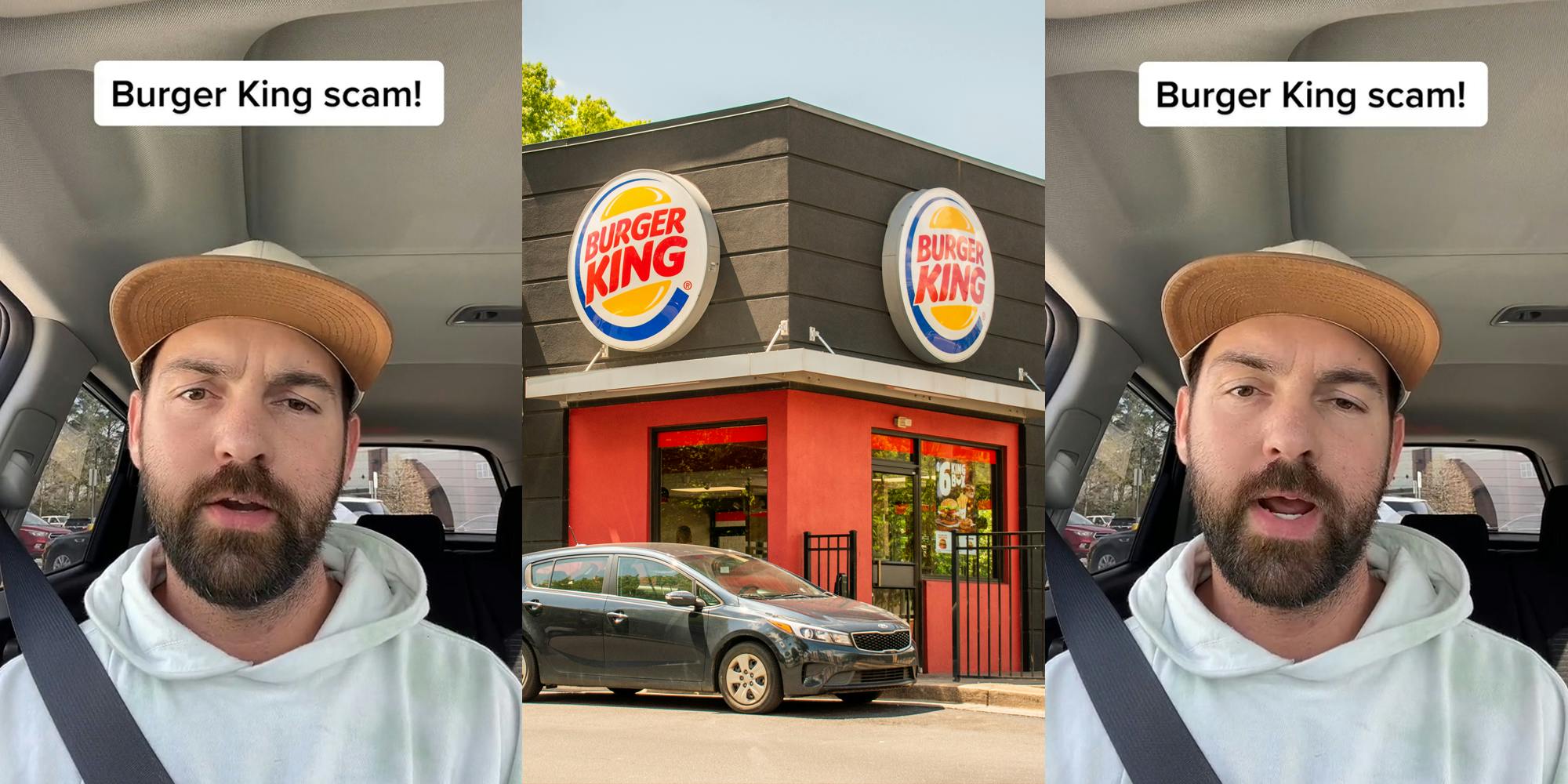 Burger King customer speaking in car with caption "Burger King Scam!" (l) Burger King building with signs (c) Burger King customer speaking in car with caption "Burger King Scam!" (r)