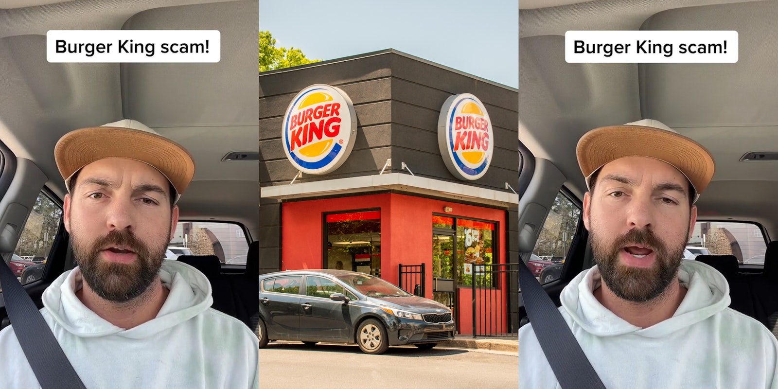 Burger King customer speaking in car with caption 'Burger King Scam!' (l) Burger King building with signs (c) Burger King customer speaking in car with caption 'Burger King Scam!' (r)