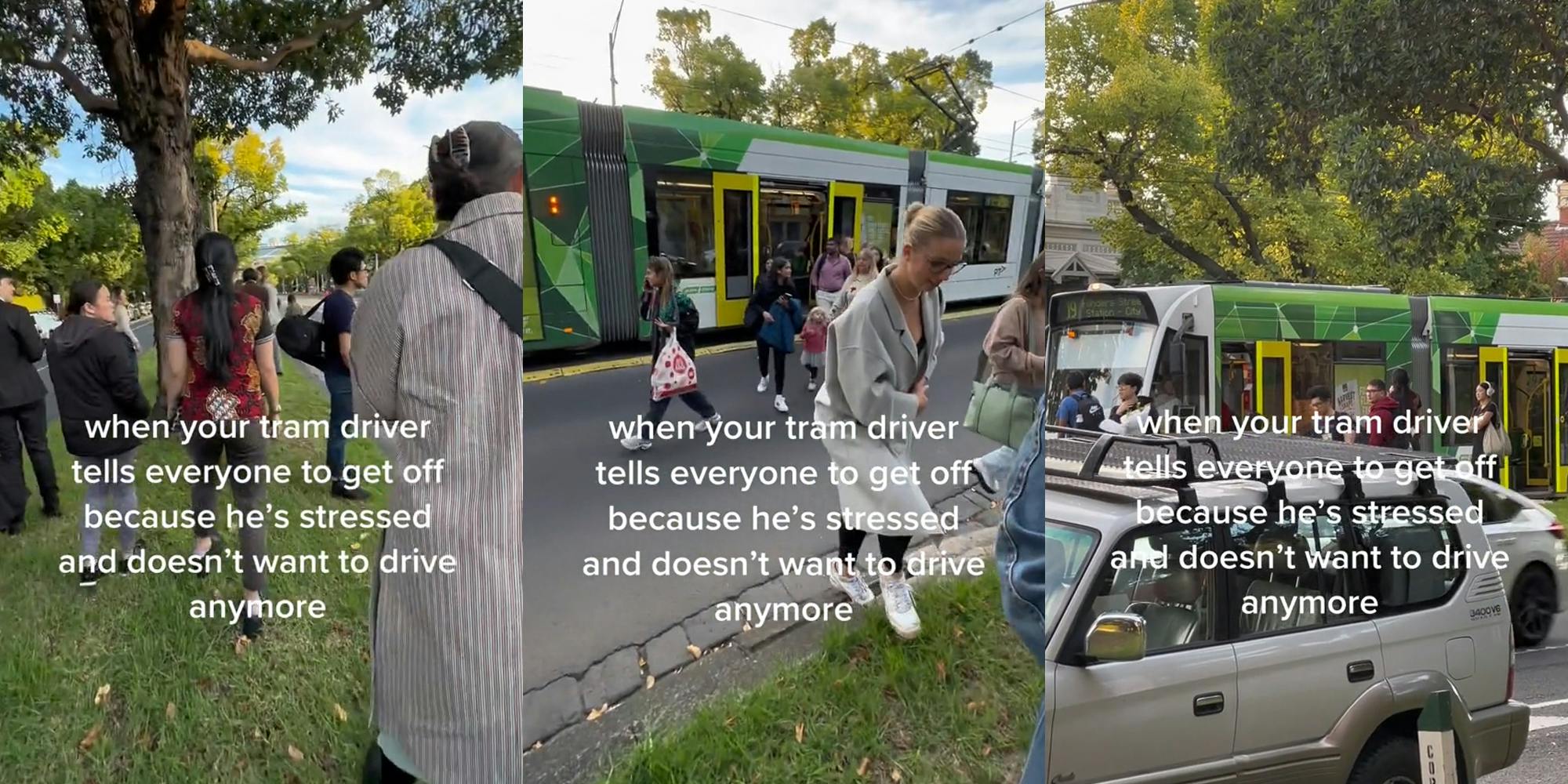 bbus passengers outside with caption "when your tram driver tells everyone to get off because he's stressed and doesn't want to drive anymore" (l) bus with bbus passengers outside with caption "when your tram driver tells everyone to get off because he's stressed and doesn't want to drive anymore" (c) bus with bbus passengers outside with caption "when your tram driver tells everyone to get off because he's stressed and doesn't want to drive anymore" (r)