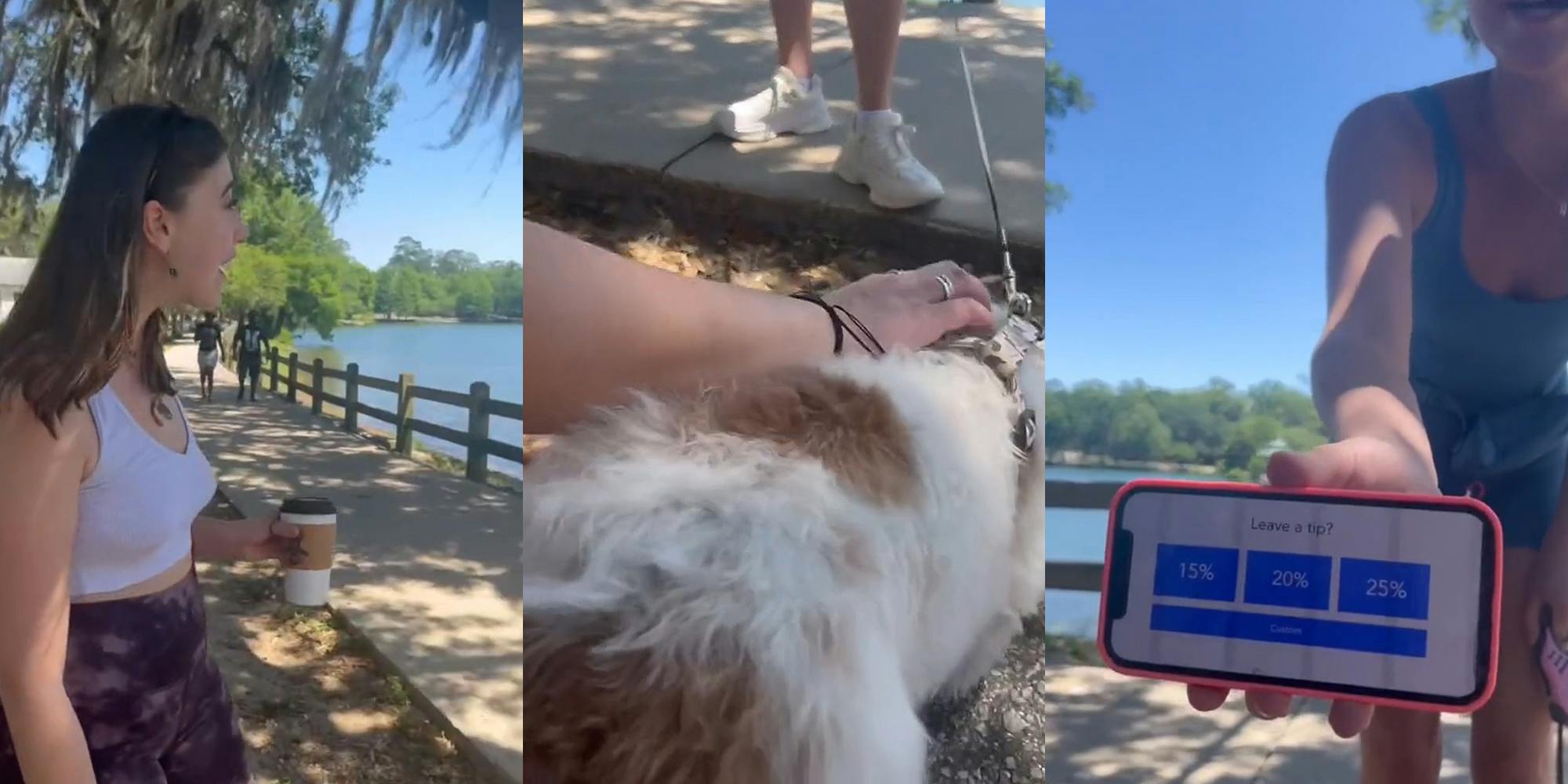 person outside speaking to stranger at sidewalk (l) person petting dog on leash outside (c) person on sidewalk outside holding phone with "leave a tip" on screen (r)