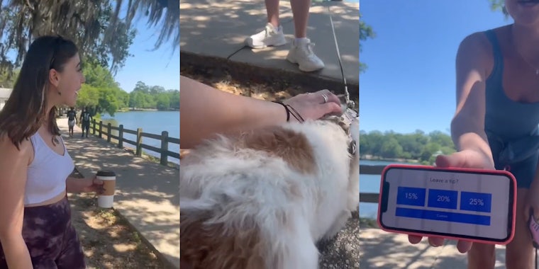 person outside speaking to stranger at sidewalk (l) person petting dog on leash outside (c) person on sidewalk outside holding phone with 'leave a tip' on screen (r)