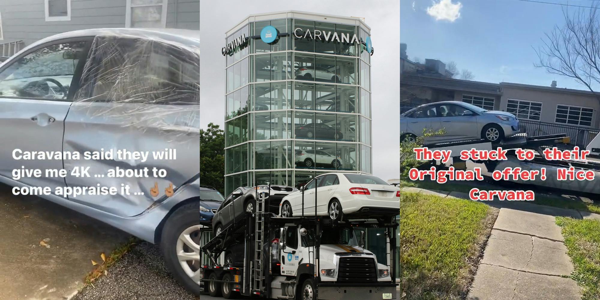 damaged car in driveway with caption "Carvana said they will give me 4k... about to come appraise it..." (l) Carvana sign on building with cars on tow (c) car on tow with caption "They stuck to their original offer! Nice Carvana" (r)