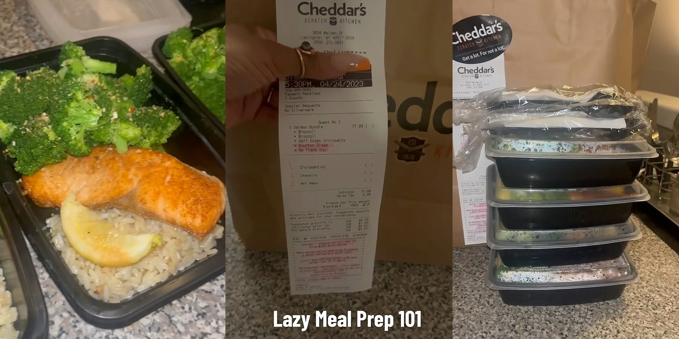 salmon with rice and broccoli in meal prep container (l) Cheddar's bag with food inside and receipt with caption 'Lazy Meal Prep 101' (c) 4 prepped meals in containers on counter (r)