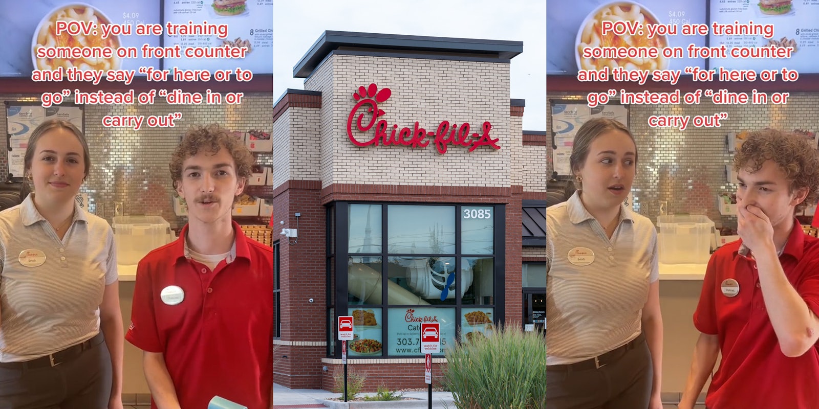 Chick-Fil-A employees with caption 'POV: you are training someone on front counter and they say 'for here or to go' instead of 'dine in or carry out' (l) Chick-Fil-A building with sign (c) Chick-Fil-A employees with caption 'POV: you are training someone on front counter and they say 'for here or to go' instead of 'dine in or carry out' (r)