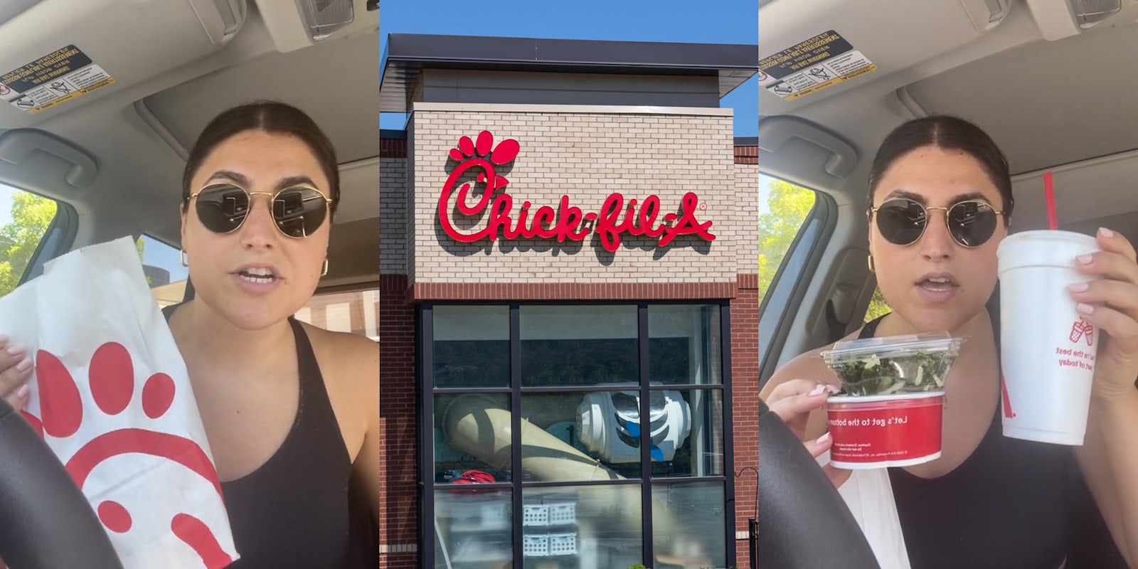 Chick-Fil-A customer in car speaking holding bag (l) Chick-Fil-A building with sign and blue sky (c) Chick-Fil-A customer in car speaking holding small amount of food with drink (r)