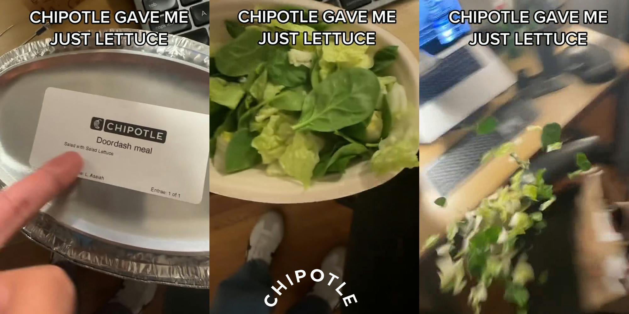 person pointing to description on Chipotle food with caption "CHIPOTLE GAVE ME JUST LETTUCE" (l) Chipotle container with lettuce with caption "CHIPOTLE GAVE ME JUST LETTUCE" with Chipotle logo at bottom (c) lettuce being flung in air with caption "CHIPOTLE GAVE ME JUST LETTUCE" (r)