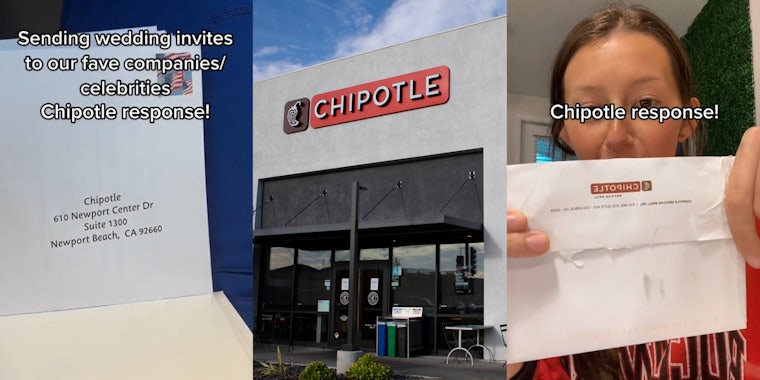 Chipotle wedding invitation with caption 'Sending wedding invites to our fave companies/celebrities Chipotle response!' (l) Chipotle building with sign and blue sky (c) person holding letter from chipotle with caption 'Chipotle response!' (r)