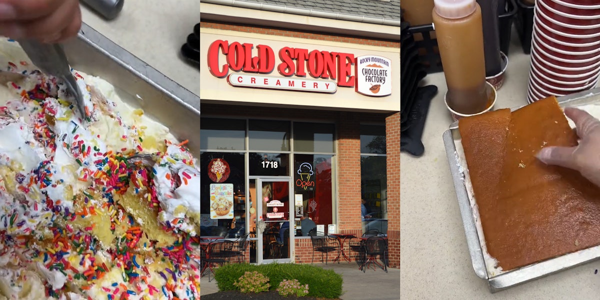 Cold Stone employee mixing cake frosting and ice cream in container (l) Cold Stone Creamery building with sign (c) Cold Stone employee layering cake on ice cream (r)