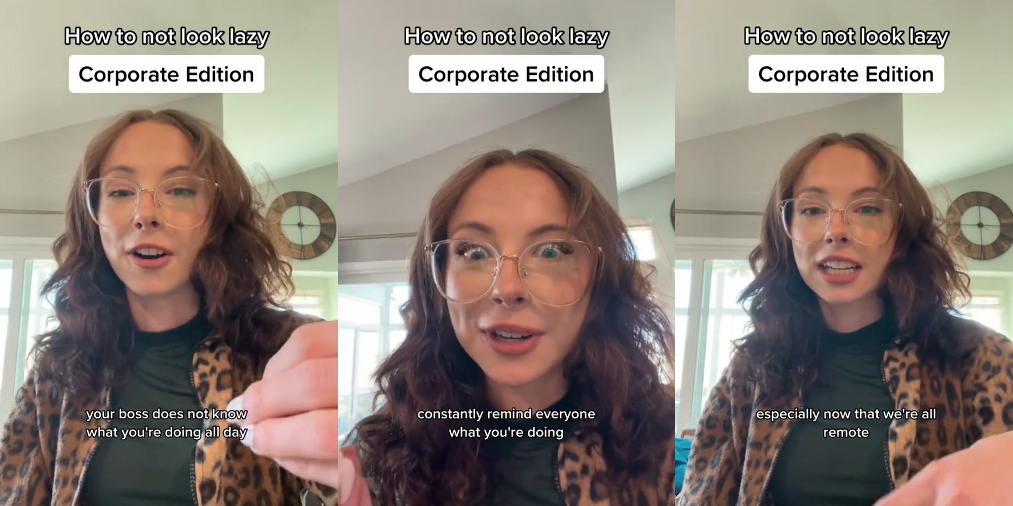 remote worker speaking with caption 'How to not look lazy Corporate Edition' 'your boss does not know what you're doing all day' (l) remote worker speaking with caption 'How to not look lazy Corporate Edition' 'constantly remind everyone what you are doing' (c) remote worker speaking with caption 'How to not look lazy Corporate Edition' 'especially now that we're all remote' (r)