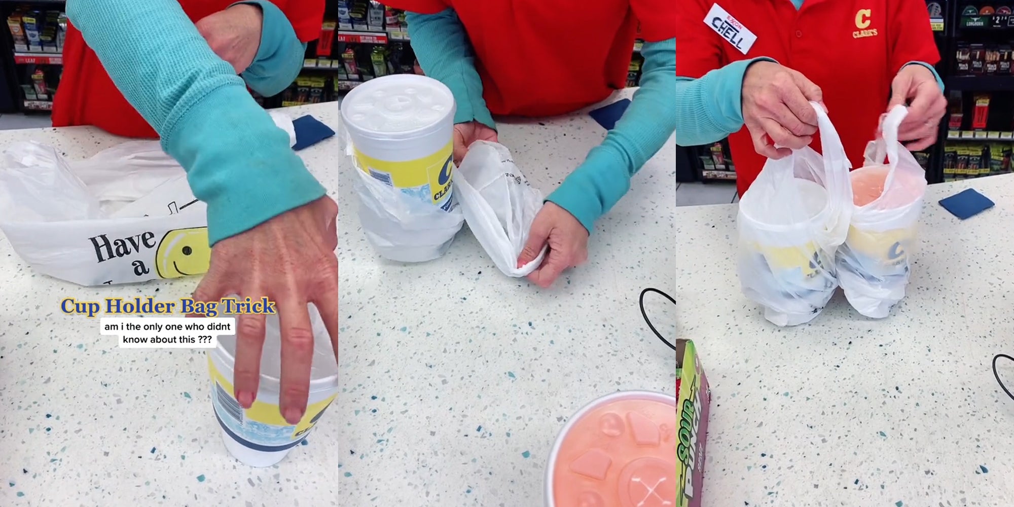 Gas Station Worker Shows Cup Holder Bag Trick