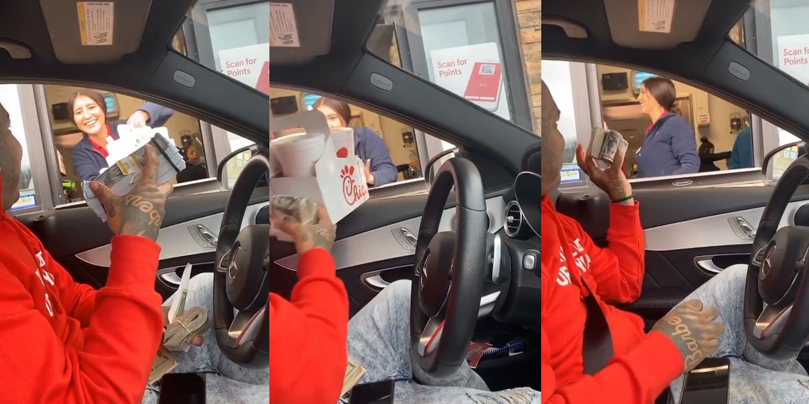 Chick-Fil-A employee speaking to customer with cash at drive thru (l) Chick-Fil-A employee speaking to customer with cash at drive thru (c) Chick-Fil-A employee speaking to customer with cash at drive thru (r)