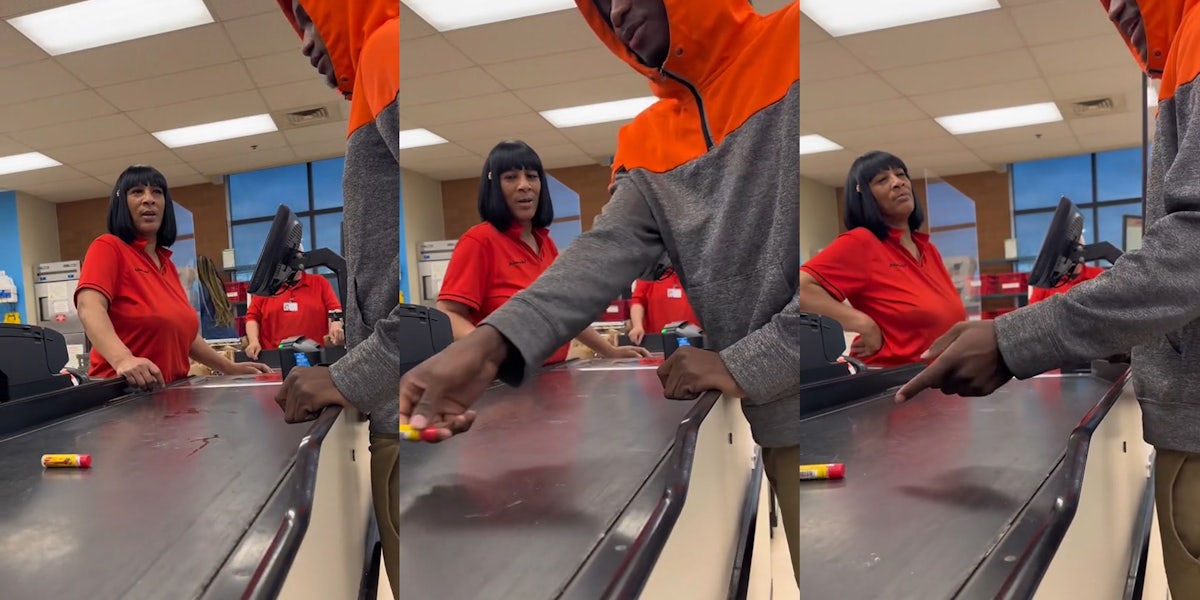 cashier at checkout with customer as chapstick rolls up conveyor belt (l) cashier at checkout with customer putting chapstick back on conveyor belt (c) cashier at checkout with customer pointing as chapstick rolls up conveyor belt (r)