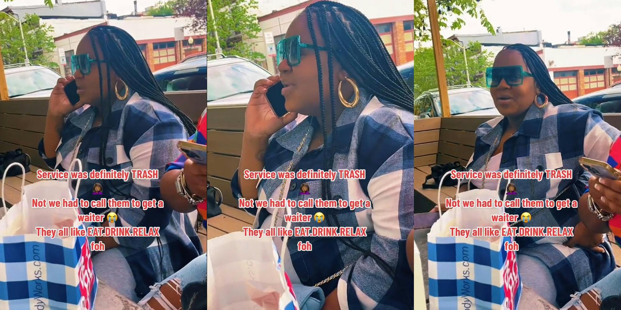 customers seated outside at restaurant on phone with caption "Service was definitely TRASH Not we had to call them to get a waiter They all like EAT DRINK RELAX foh" (l) customers seated outside at restaurant on phone with caption "Service was definitely TRASH Not we had to call them to get a waiter They all like EAT DRINK RELAX foh" (c) customers seated outside at restaurant on phone with caption "Service was definitely TRASH Not we had to call them to get a waiter They all like EAT DRINK RELAX foh" (r)