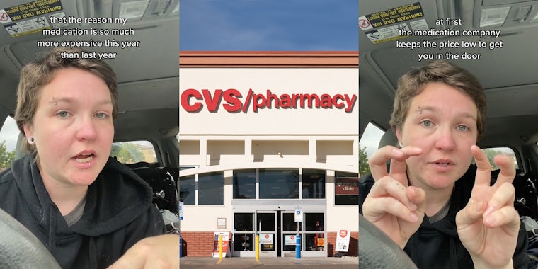 CVS customer speaking in car with caption 'that the reason my medication is so much more expensive this year than last year' (l) CVS Pharmacy building with sign and blue sky (c) CVS customer speaking in car with caption 'at first the medication company keeps the price low to get you in the door' (r)