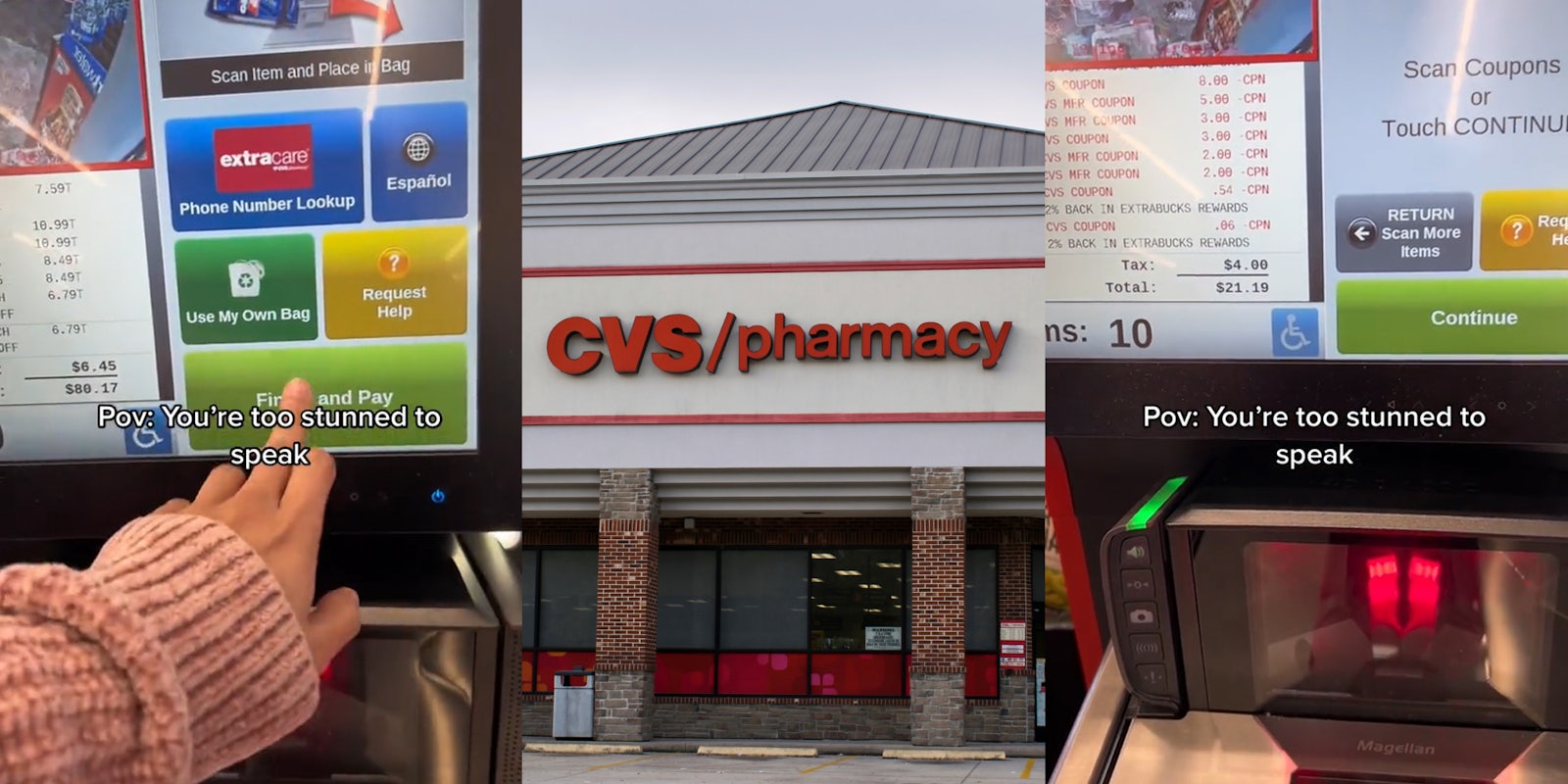 CVS checkout with total at $80.17 with caption 'Pov: You're too stunned to speak' (l) CVS building with sign (c) CVS checkout with total at $21.19 with caption 'Pov: You're too stunned to speak' (r)
