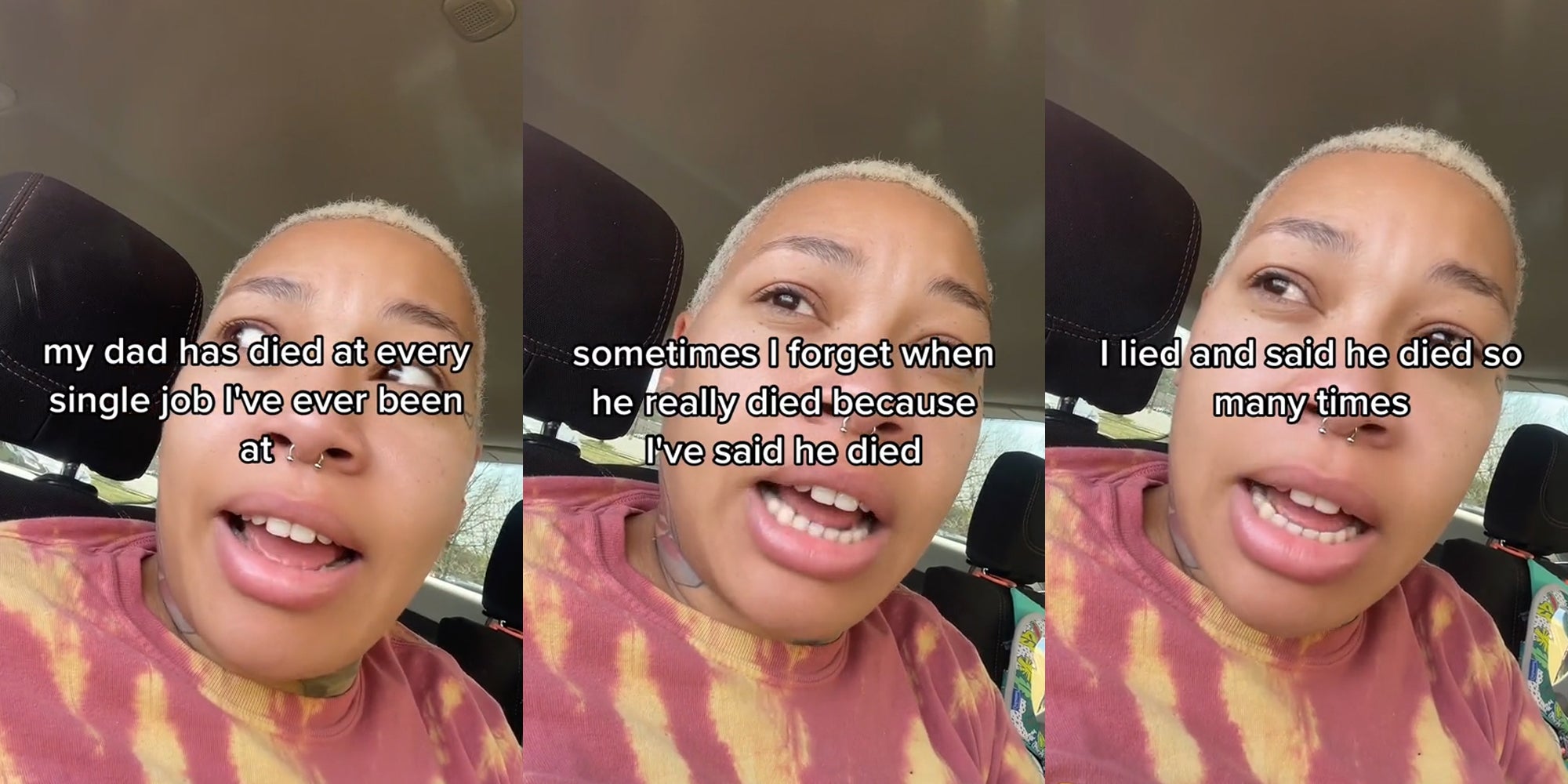 worker speaking in car with caption 'my dad has died at every single job I've ever been at' (l) worker speaking in car with caption 'sometimes I forget when he really died because I've said he died' (c) worker speaking in car with caption 'I lied and said he died so many times' (r)