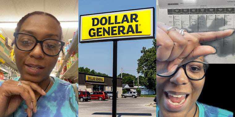 Dollar General employee speaking (l) Dollar General sign in front of building with parking lot (c) Dollar General employee greenscreen TikTok over hours (r)