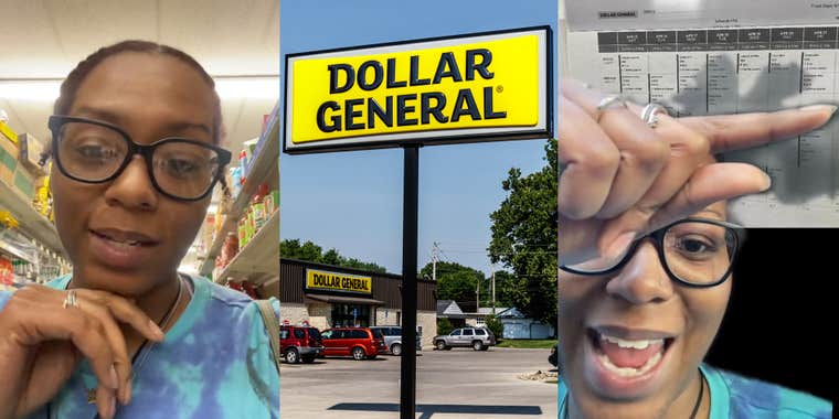 Dollar General employee speaking (l) Dollar General sign in front of building with parking lot (c) Dollar General employee greenscreen TikTok over hours (r)