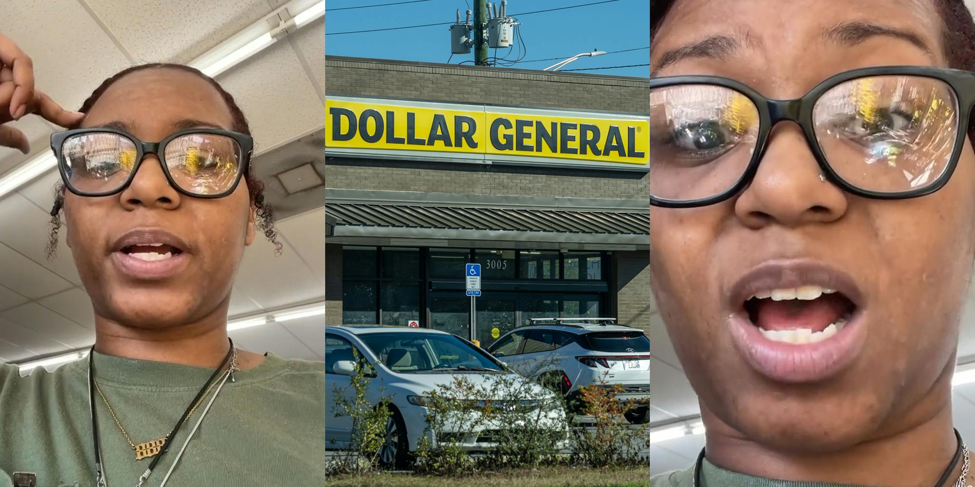 Dollar General employee speaking (l) Dollar General building with sign and blue sky (c) Dollar General employee speaking (r)