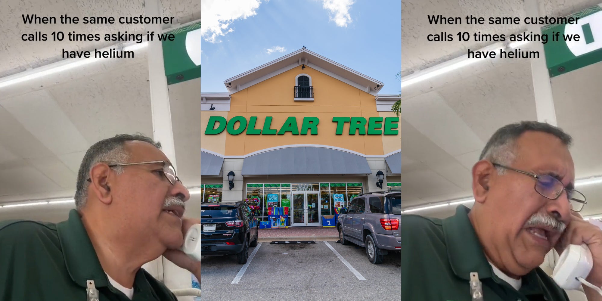 Dollar Tree employee speaking into phone with caption 'When the same customer calls 10 times asking if we have helium' (l) Dollar Tree building with sign and blue sky (c) Dollar Tree employee speaking into phone with caption 'When the same customer calls 10 times asking if we have helium' (r)